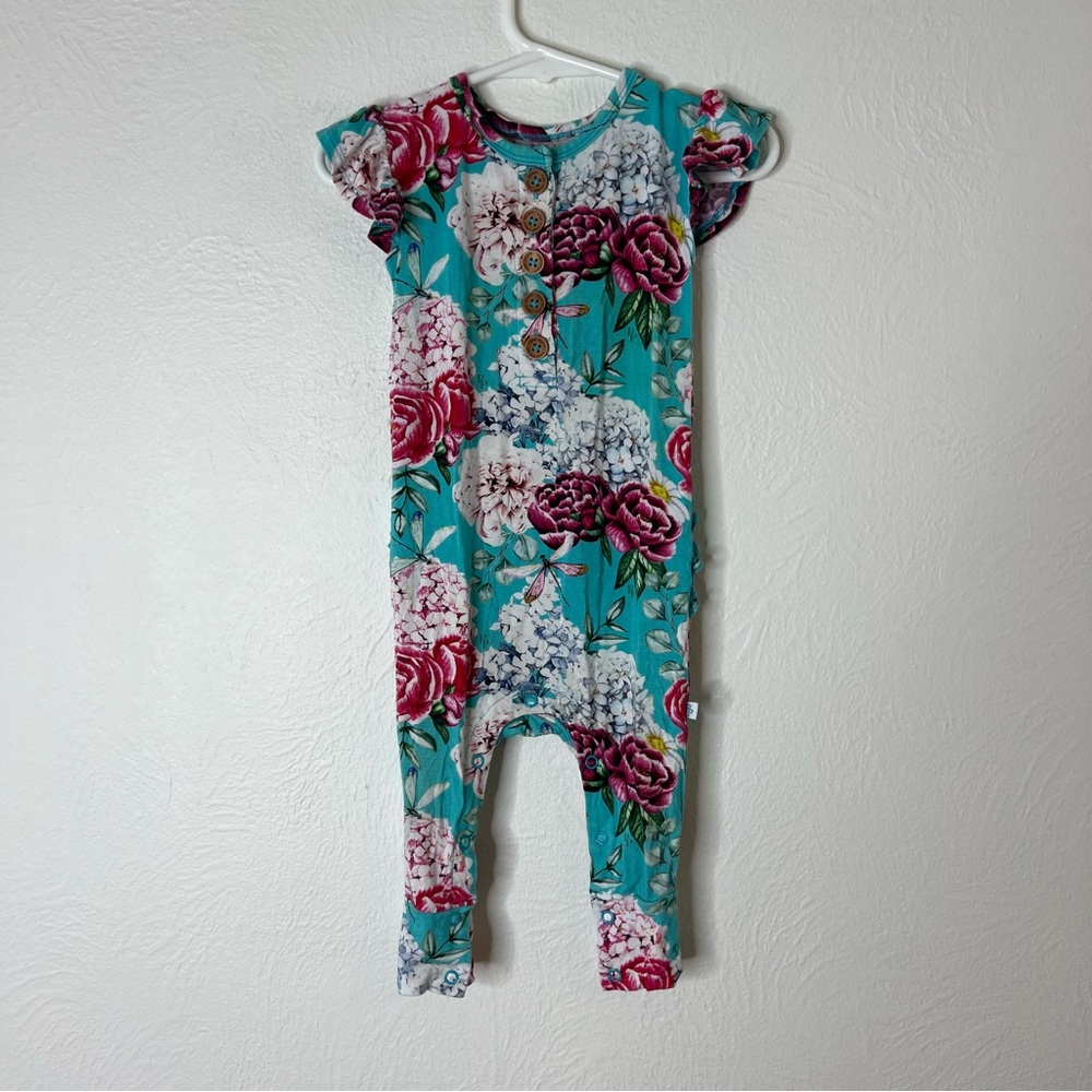 Posh Peanut Baby Romper Ruffle Bamboo Floral Teal One-Piece Size 12–18 Months
